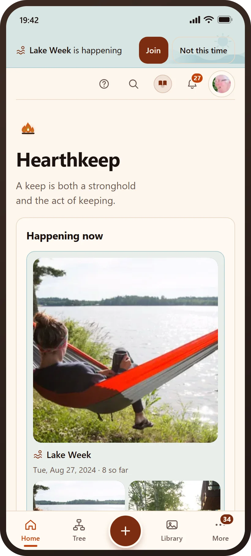 The Hearthkeep home page on a phone, with the week the family is in.
