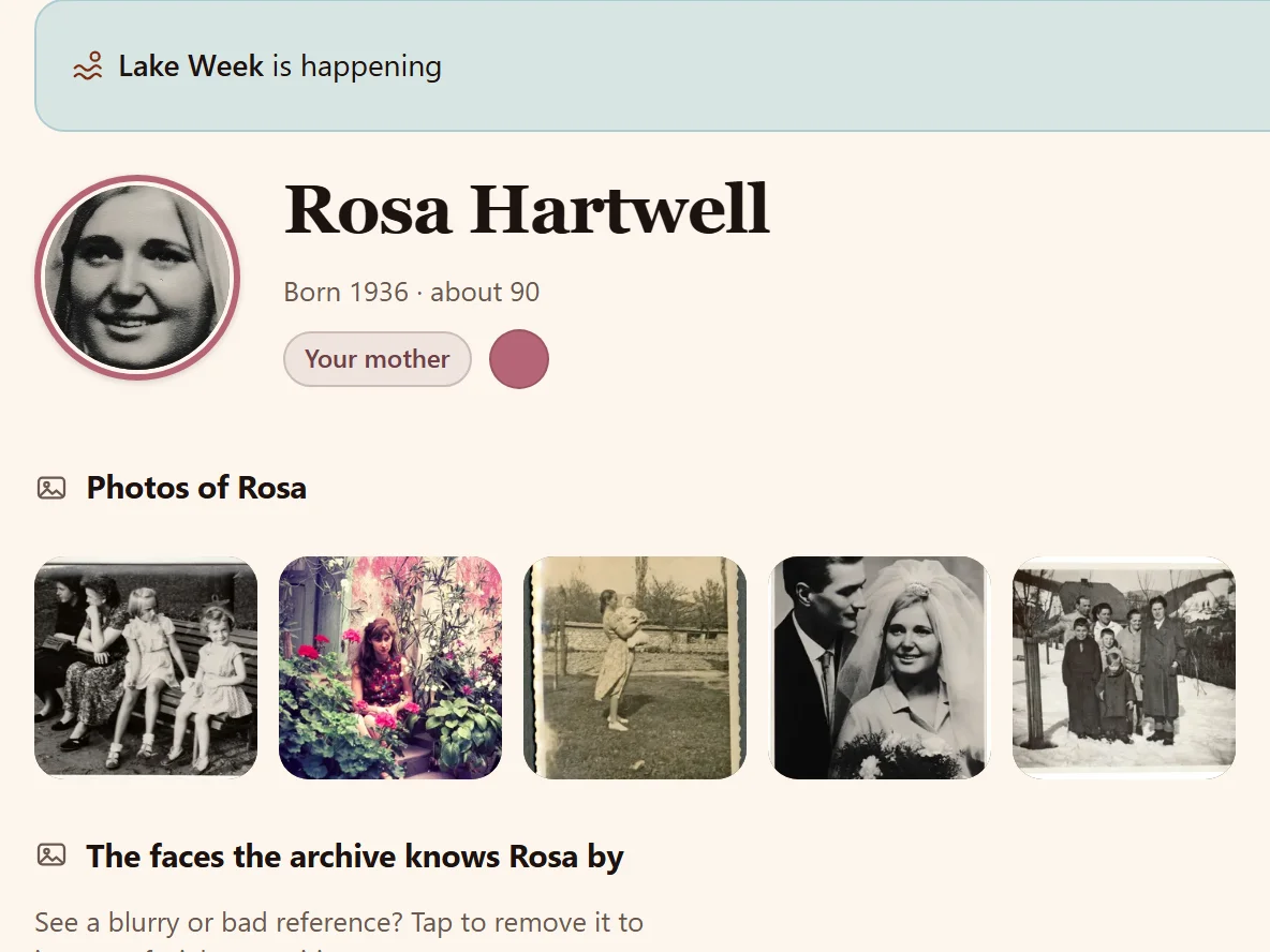The top of Rosa Hartwell’s page: her portrait, her name, her years and her photos.