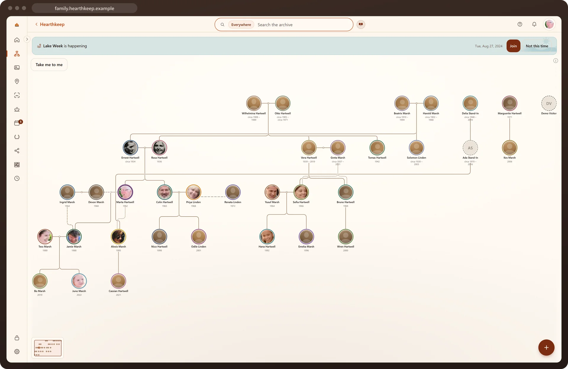 The family tree on a computer: four generations, each person by face and name.